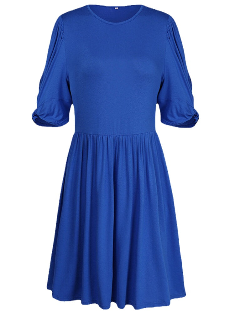 Women Pleats Solid Color Twist Sleeve Casual Dress