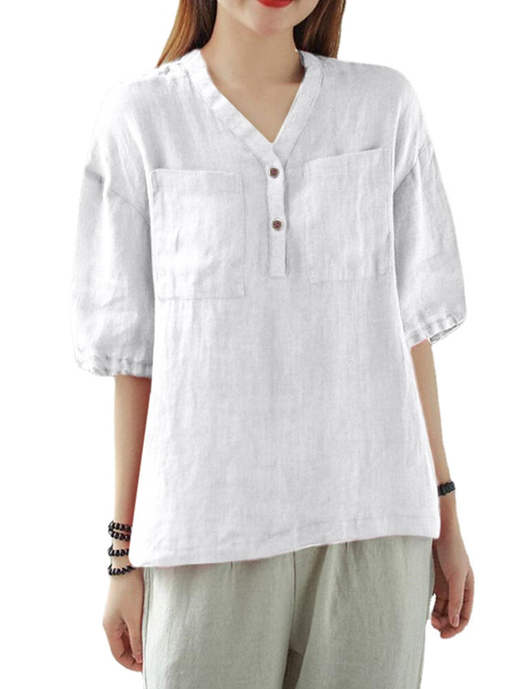 Solid Button Pocket V Neck Half Sleeve Casual Cotton Blouse