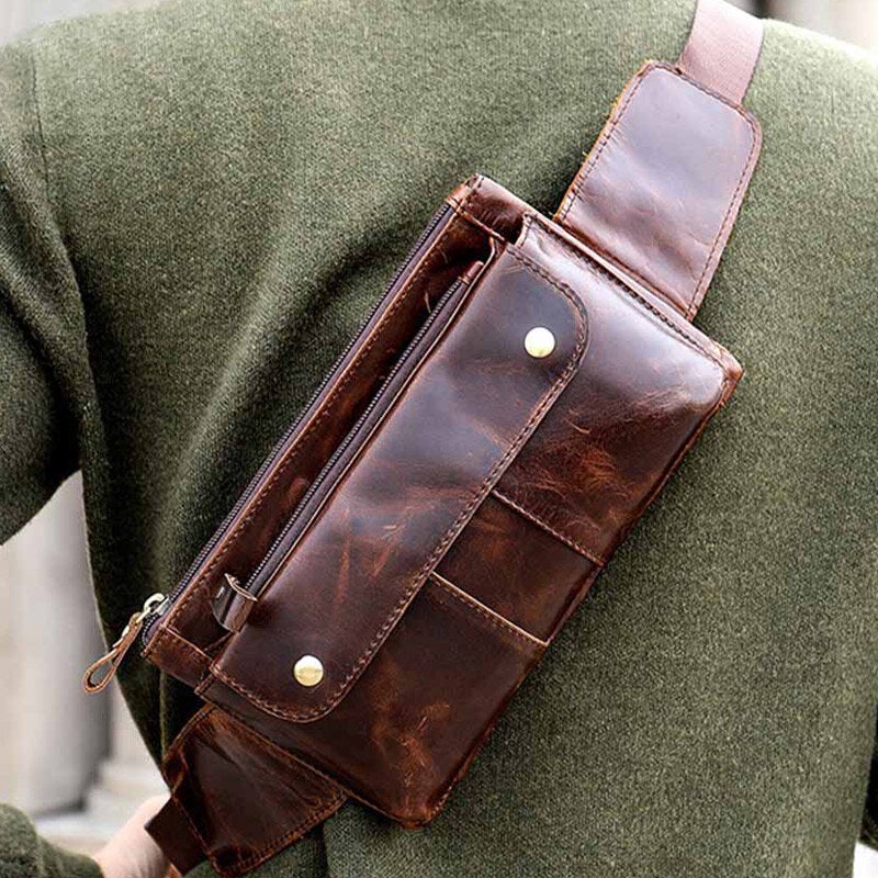 Men Genuine Leather Multi-pocket Chest Bag Waist Vintage 6.5 Inch Phone Anti-Theft Sling Crossbody Shoulder