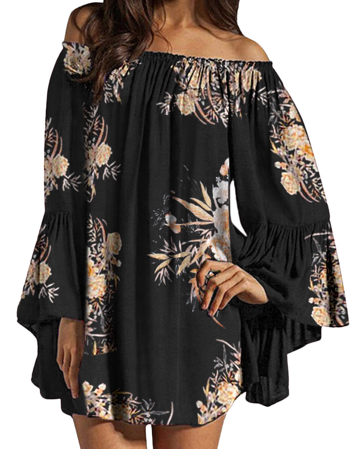 Women Off Shoulder Floral Print Ruffle Sleeve Blouse Mini Dress