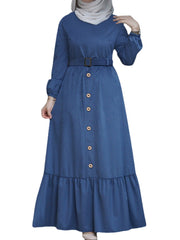 Women Ruffle Hem Solid Color Button Belted Casual Long Sleeve Maxi Dress