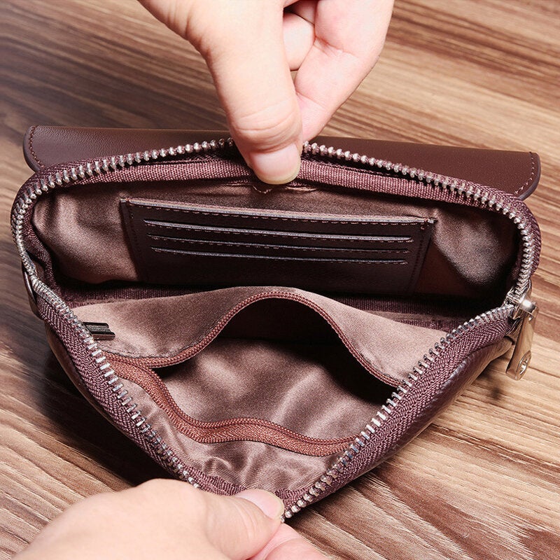 Men Vintage Horizontal Multi-pocket Genuine Leather Mini Wallet Purse 6.5 Inch Phone Bag Waist