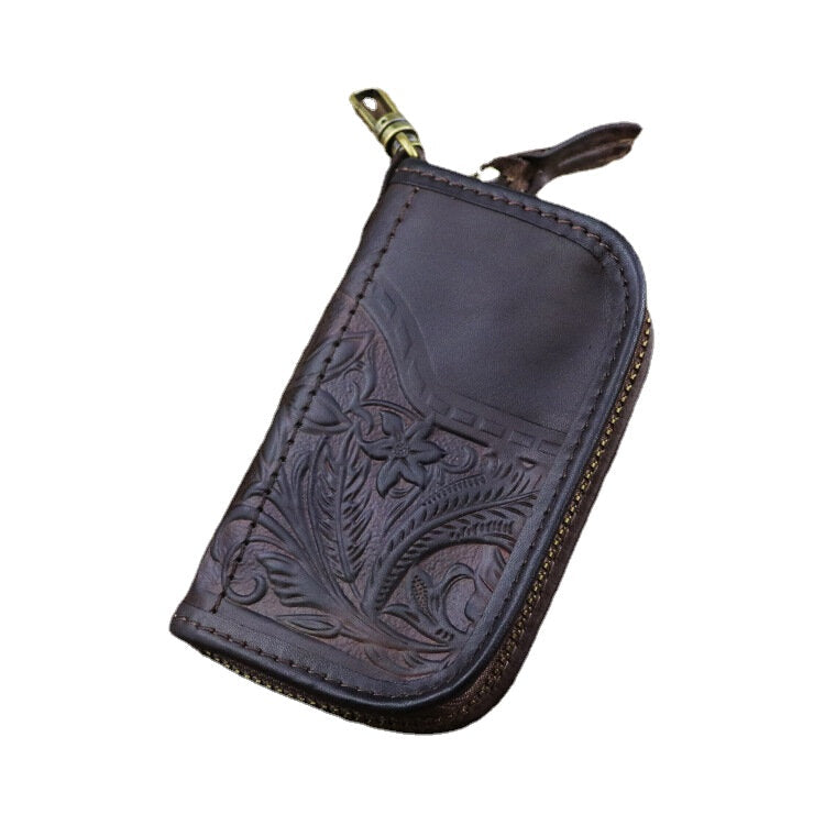 Men Genuine Leather Vintage Printed Car Key Bag Wallet