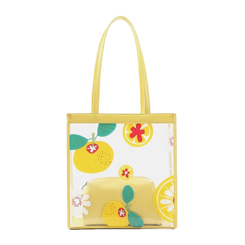 Women 2Pcs Waterproof Transparent Print Fruit PVC Multi-Carry Handbag Tote