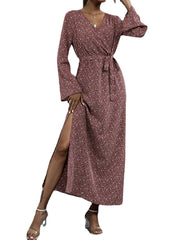 Women Ethnic Style Print Long Sleeve Side Split Casual Maxi Dresses