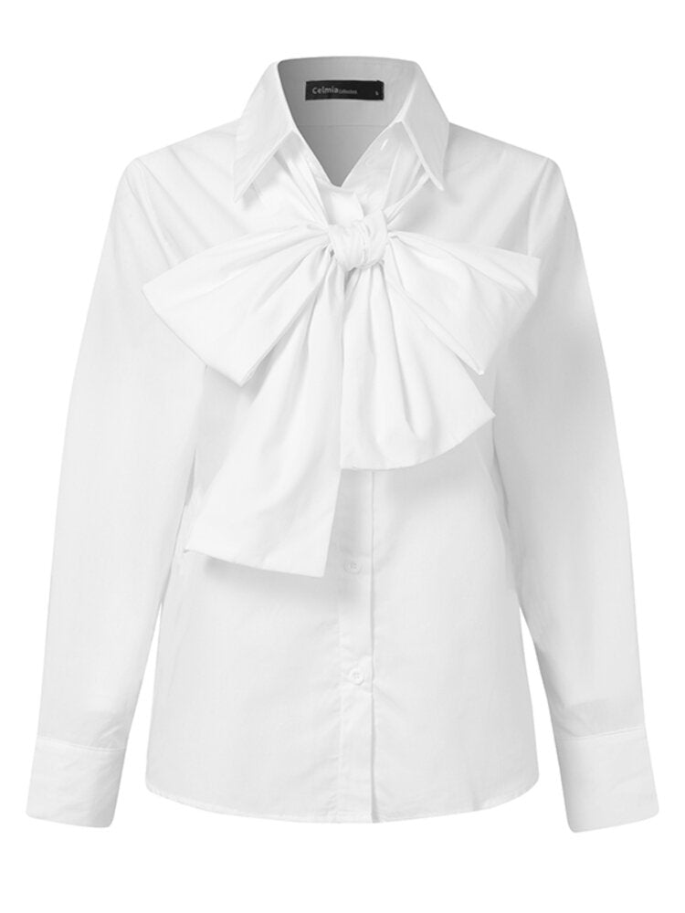 Women Solid Color Bow Neck Casual Long Sleeve Shirts