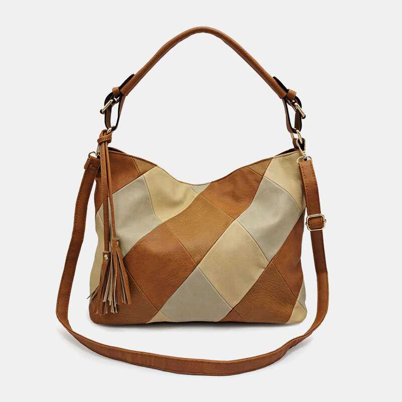 Women Faux Leather Fashion Color Block Tassel Crossbody Bag Shoulder Bag