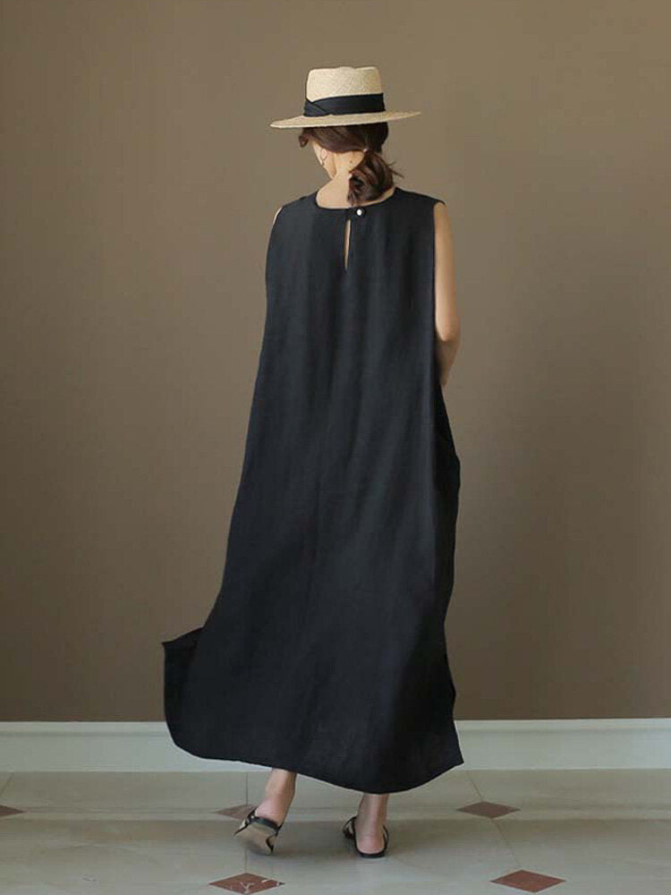 Women Solid Color Round Neck Sleeveless Loose Maxi Dresses