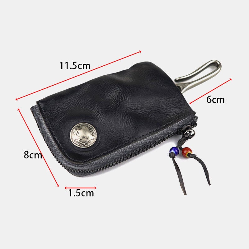 Men Vegetable Tanned Leather Metal Label Keychain Wallet Washed Retro Zipper Card Holder With Hook