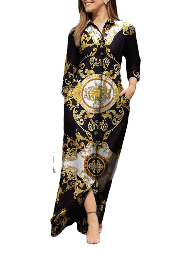 Tribal Pattern Pocket Button Long Sleeve Lapel Shirt Maxi Dress