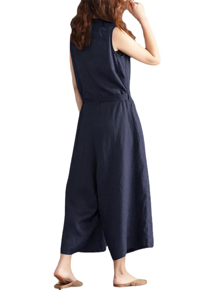 Women Wide Leg Cotton Solid Color V-Neck Sleeveless Jumpsuit with Pockets