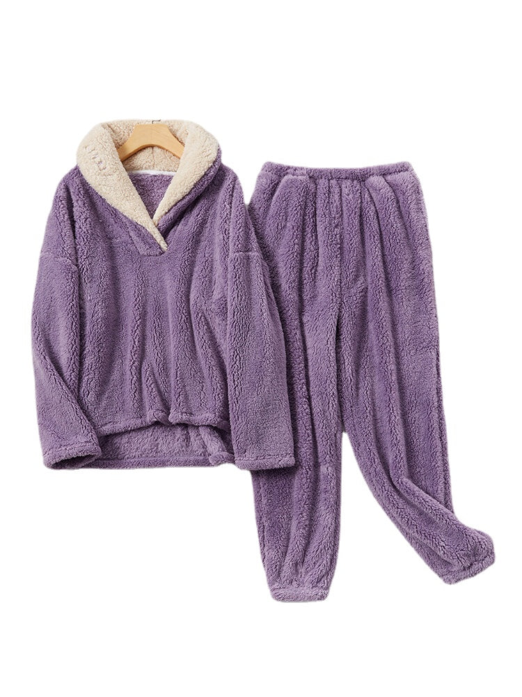 Women Fluffy Plush Thicken Lapel High Low Hem Loungewear Warm Pajamas Set