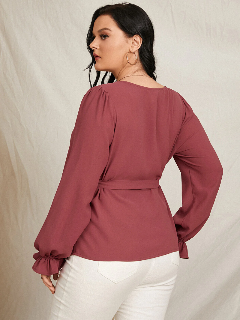 Plus Size V-neck Belt Design Button Design Blouse