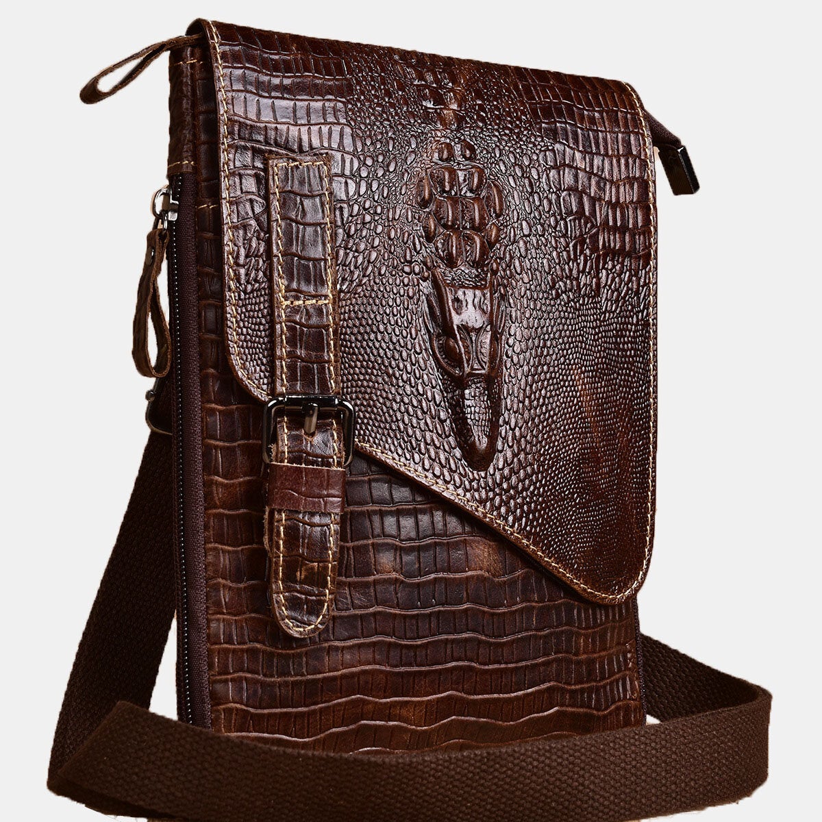 Men Genuine Leather Wear-Resistant Crocodile Texture Casual Crossbody Bag Shoulder