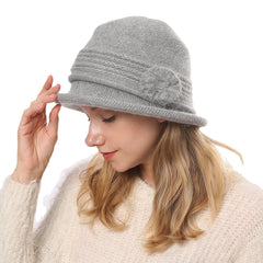 Women Rabbit Hair Plus Thicken Warm Flower Decoration Fashion Casual Knitted Hat Bucket Hat