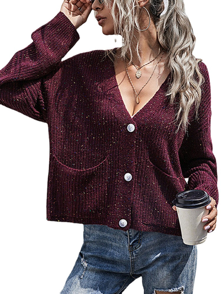 Women Solid V-Neck Button Up Knitted Casual Double Pockets Cardigan Sweater