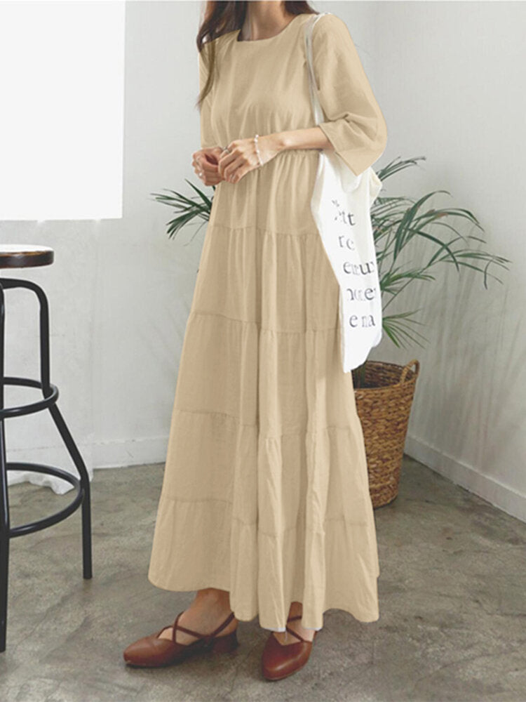 Women Plain O-Neck Stitching Layered Elastic Waist 3/4 Sleeve Maxi Dress