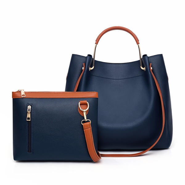 Women Leisure Faux Leather 2 Pcs Bucket Bag Crossbody Shoulder Handbag
