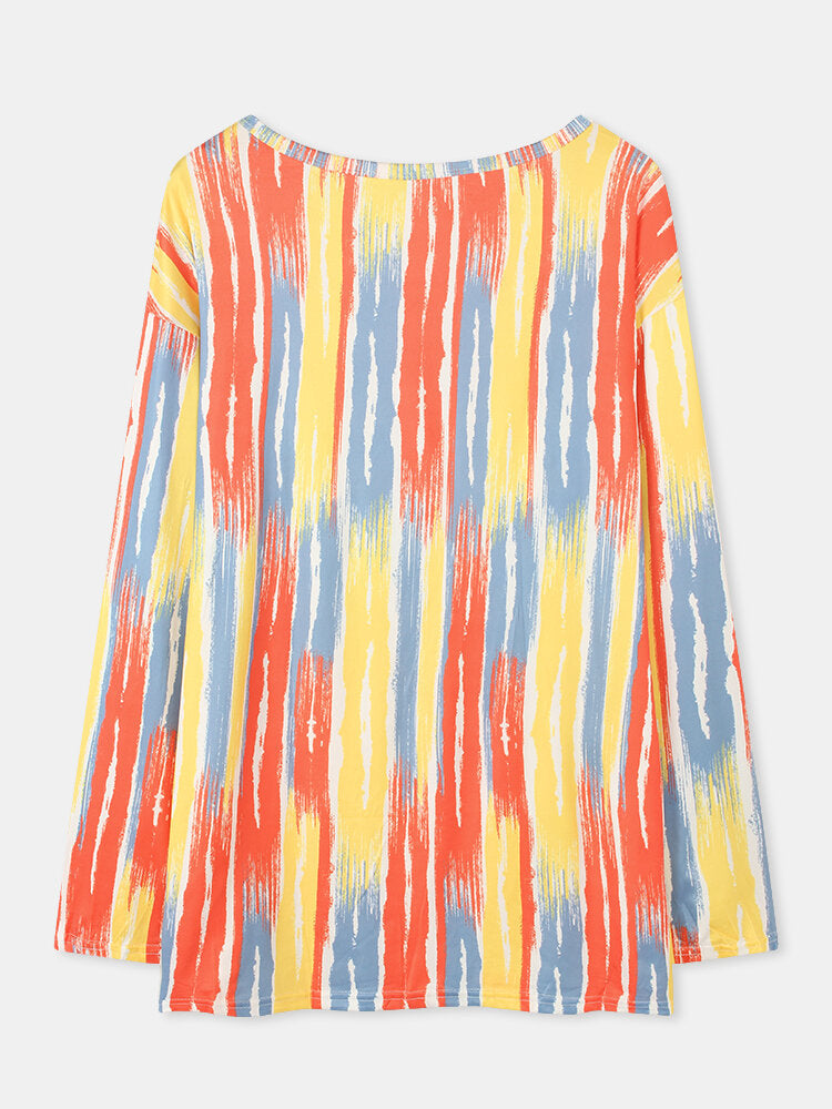 Women Watercolor Stripes Print O-neck Long Sleeve Blouses