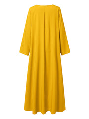 Solid Color V-neck Long Sleeve Pleating Holiday Streetwear Casual Maxi Dress