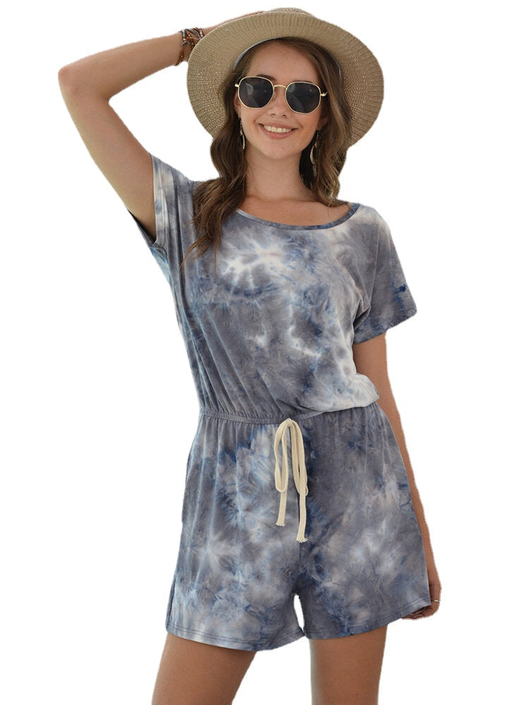 Die-dye Print O-neck Short Sleeve Drawstring Waist Mini Jumpsuits