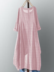 Vintage Women Cotton Pocket Plaid Irregular Hem Maxi Dress
