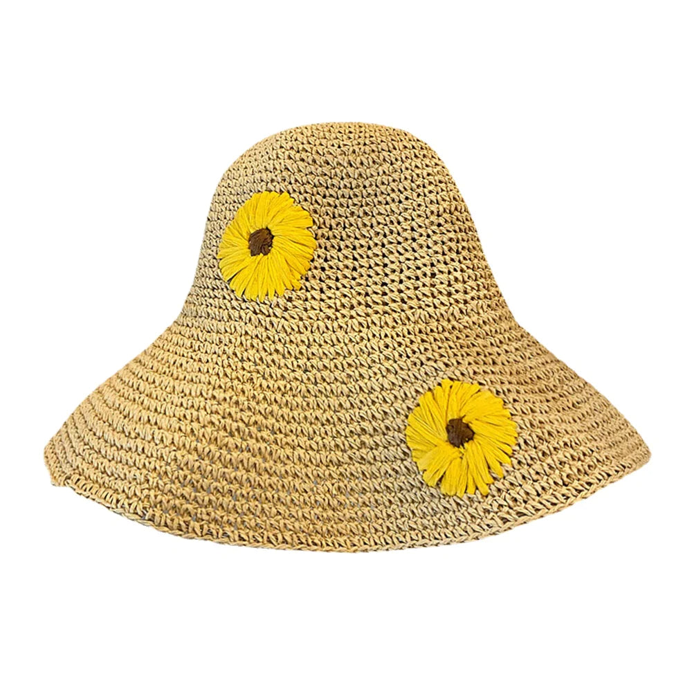 Women Straw Floral Solid Color Elegant Sunflower Big Brim Visor Sun Protection Hat Beach Hat Bucket Hat