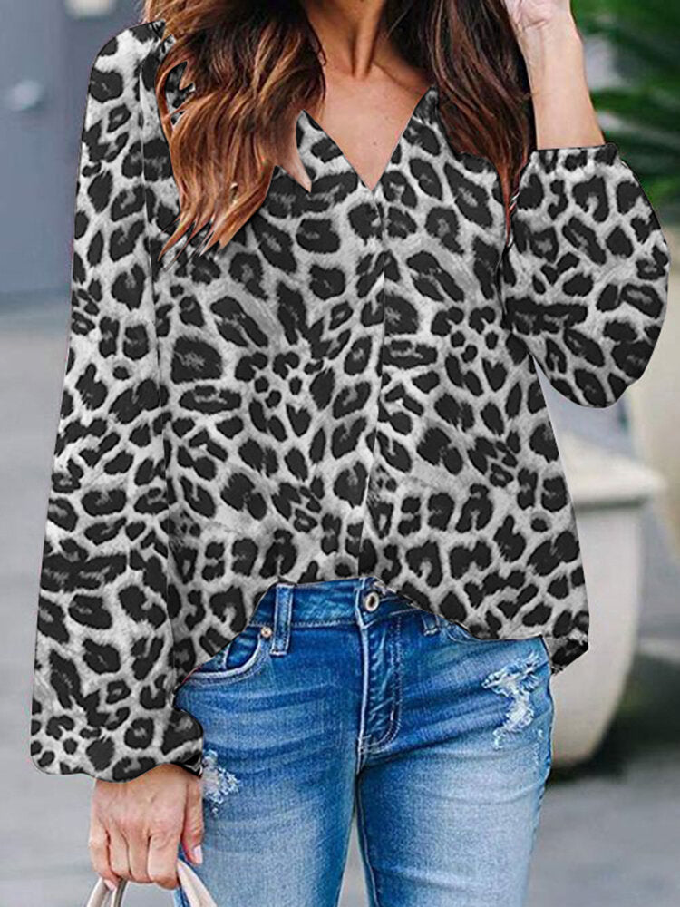 Leopard Print V Neck Long Sleeve Casual Blouse