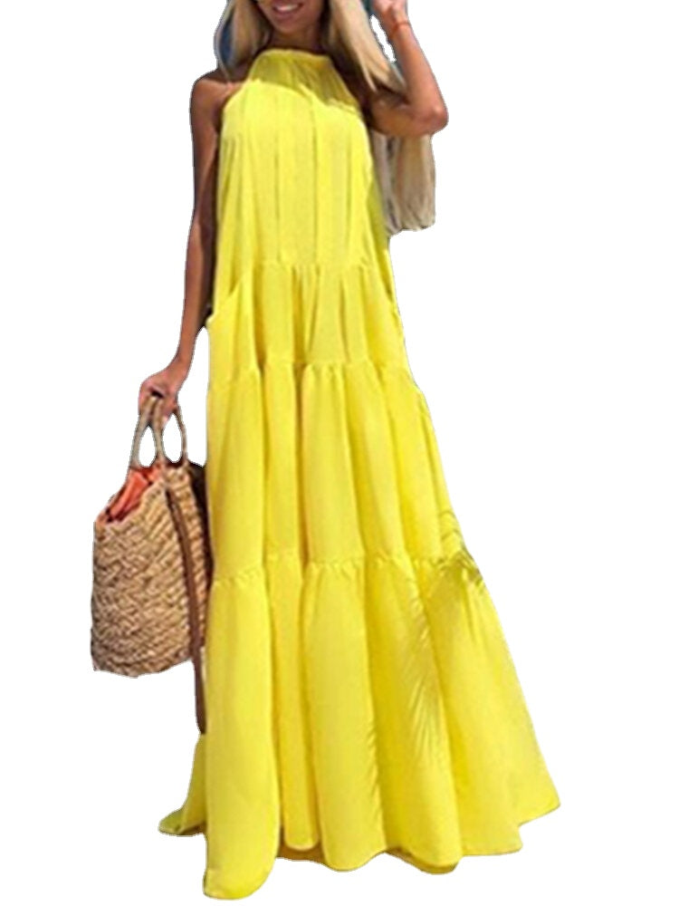 Women Solid Color Sleeveless Round Neck Yellow Pleated Maxi Dress With Pocket