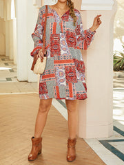 Women Colorblock Ethnic Style Print Puff Sleeve V-Neck Bohemian Midi Dress