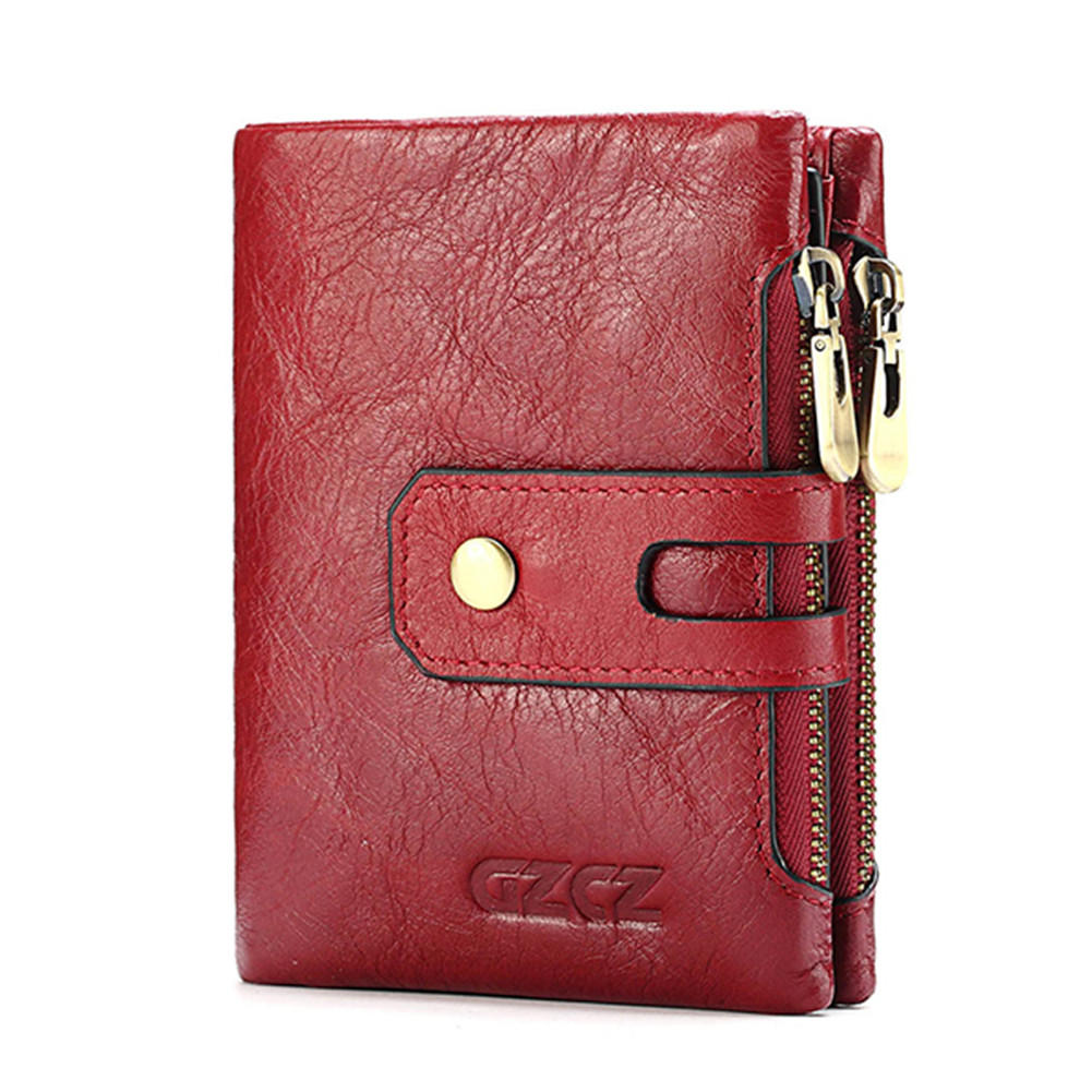 Men Women Retro Genuine Leather Tri-fold Wallet Card Holder Double Zipper