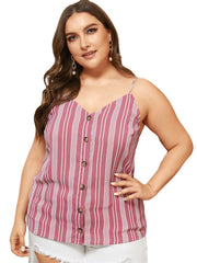 Plus Size Pink Button Design Striped V-neck Sleeveless Tank Top