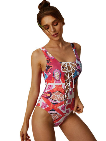 Women Abstract Print Bandage Wide Shoulder Straps One Piece Slimming Swimwear