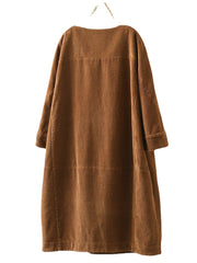 Plus Size Solid Color Corduroy Crew Neck Vintage Loose Fit Dress