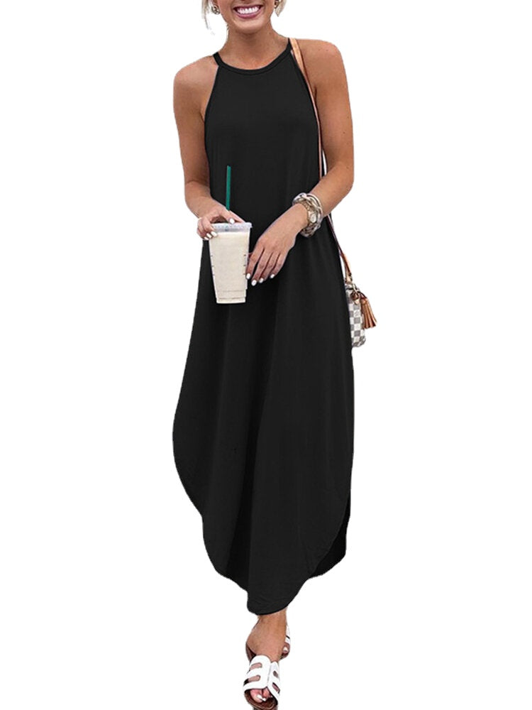 Women Sleeveless Straps High Low Hem Solid Causal Maxi Dress