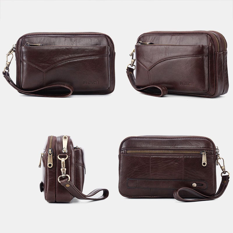 Men First Layer Cowhide Multi-pocket Horizontal Clutch Bags Retro Large Capacity 6.5 Inch Phone Bag