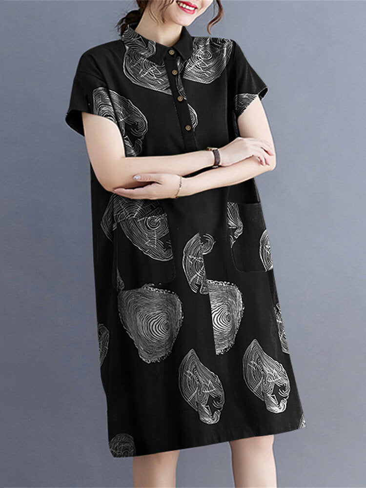 Print Button Pocket Lapel Short Sleeve Casual Midi Dress