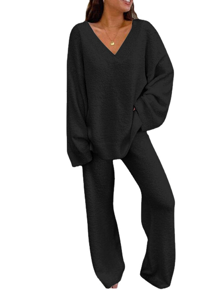 Solid Loose Elastic Waist Long Sleeve Homewear Two Pieces Set