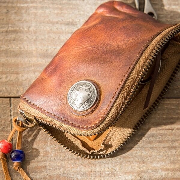 Men Genuine Leather Vinatge Car Key Wallet Texture Wear-resistang Case Coin Purse