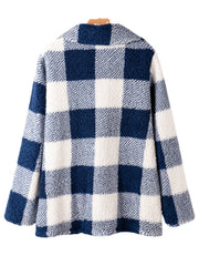 Women Plaid Warm Fluffy Plush Double Breasted Coat With Pocket