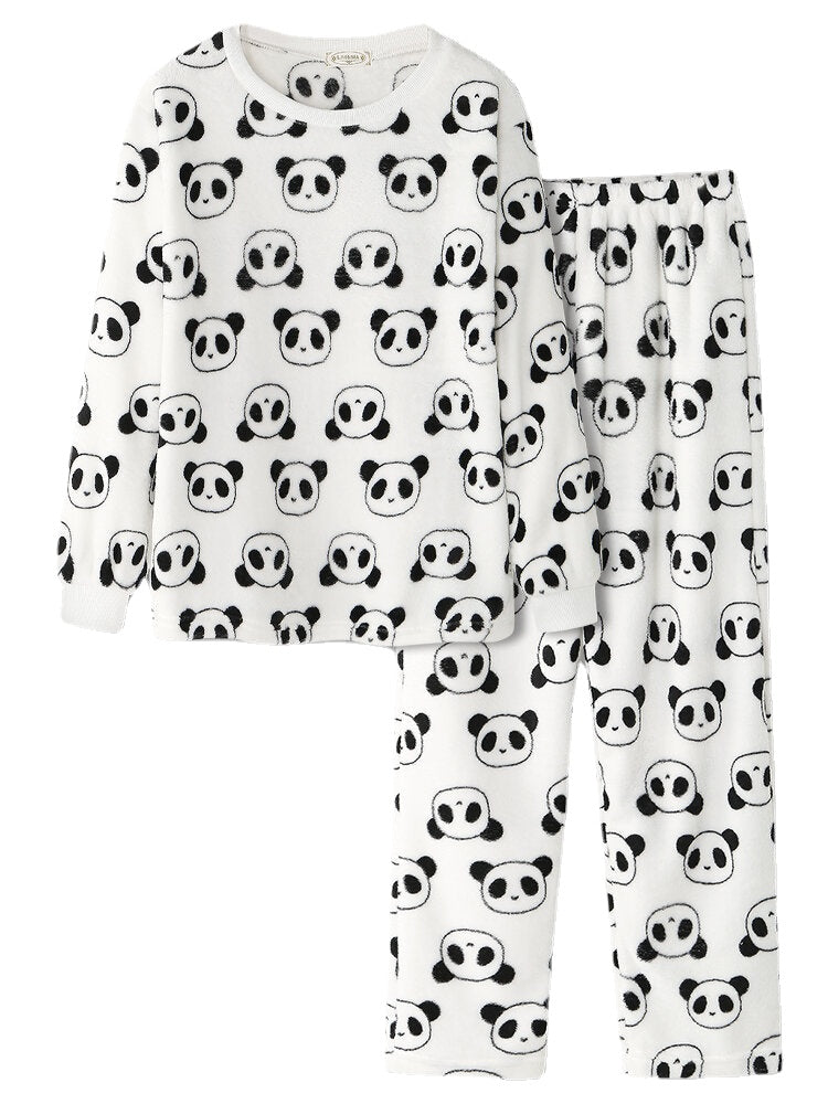 Women All Over Cartoon Panda Long Sleeve Plush Warm Home Pajama Set