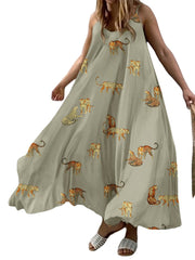 Animal Print Adjustable Strap Backless Loose Swing Maxi Dress