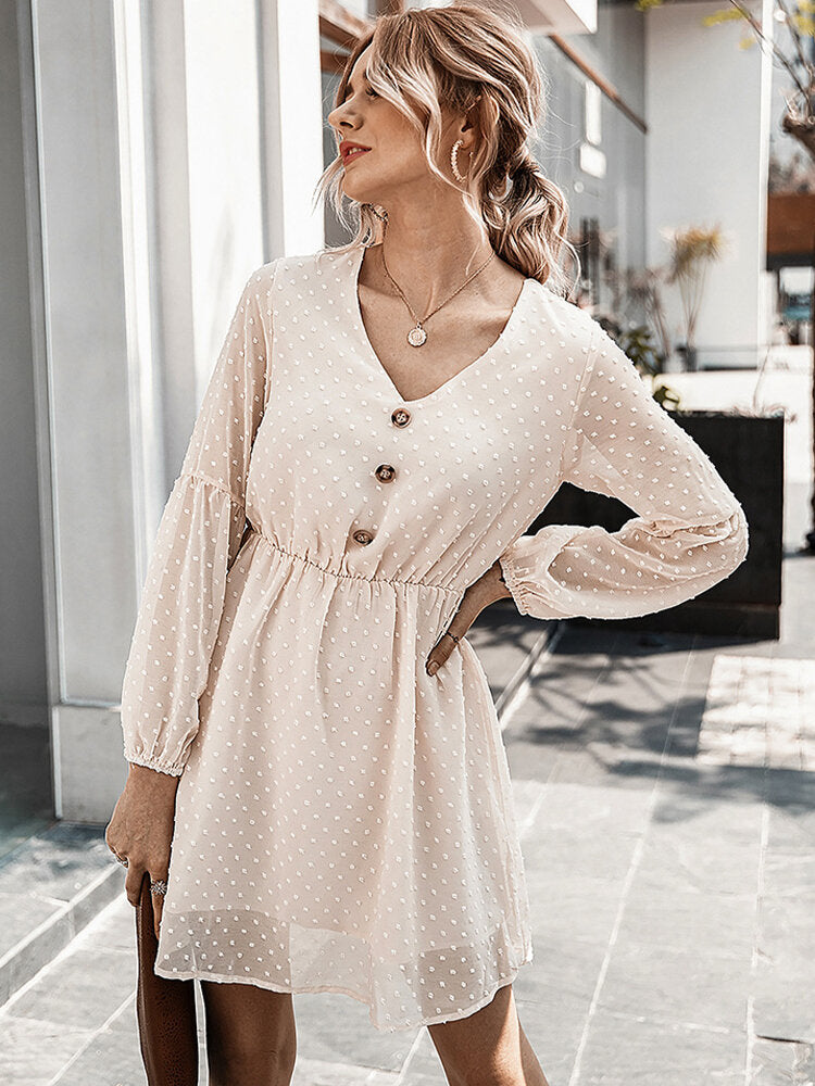 Polka Dot Mesh Patchwork Button Long Sleeve Dress For Women