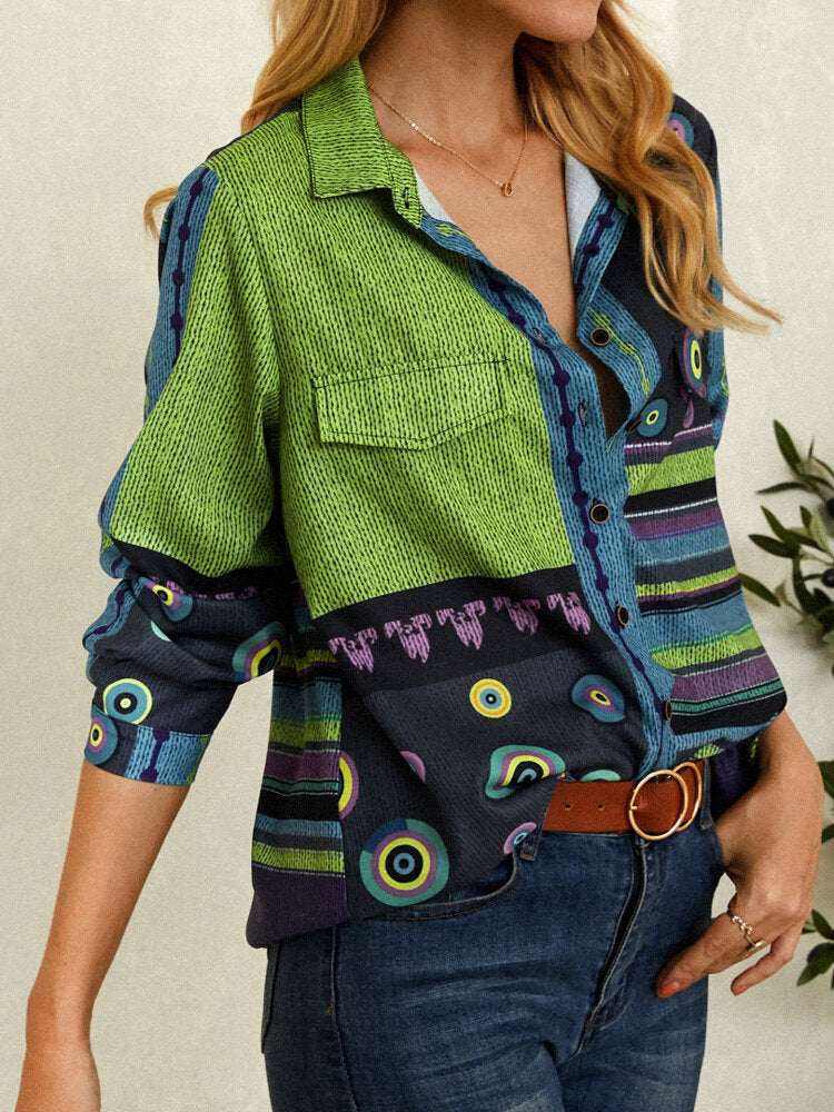 Women Mixed Pattern Patchwork Vintage Stylish Lapel Long Sleeve Shirt