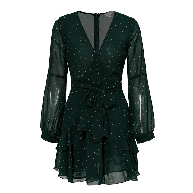 Polka Dot Pink Ruffle Mesh Long Sleeve Vintage Dresses