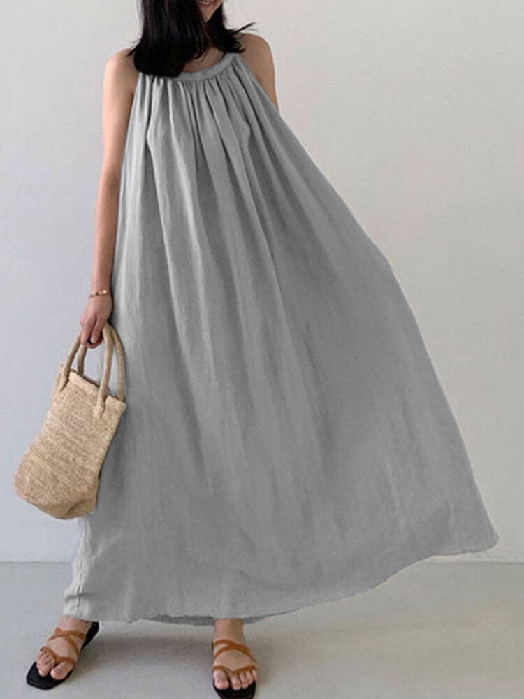 Solid Color Sleeveless Loose Cotton Maxi Dress