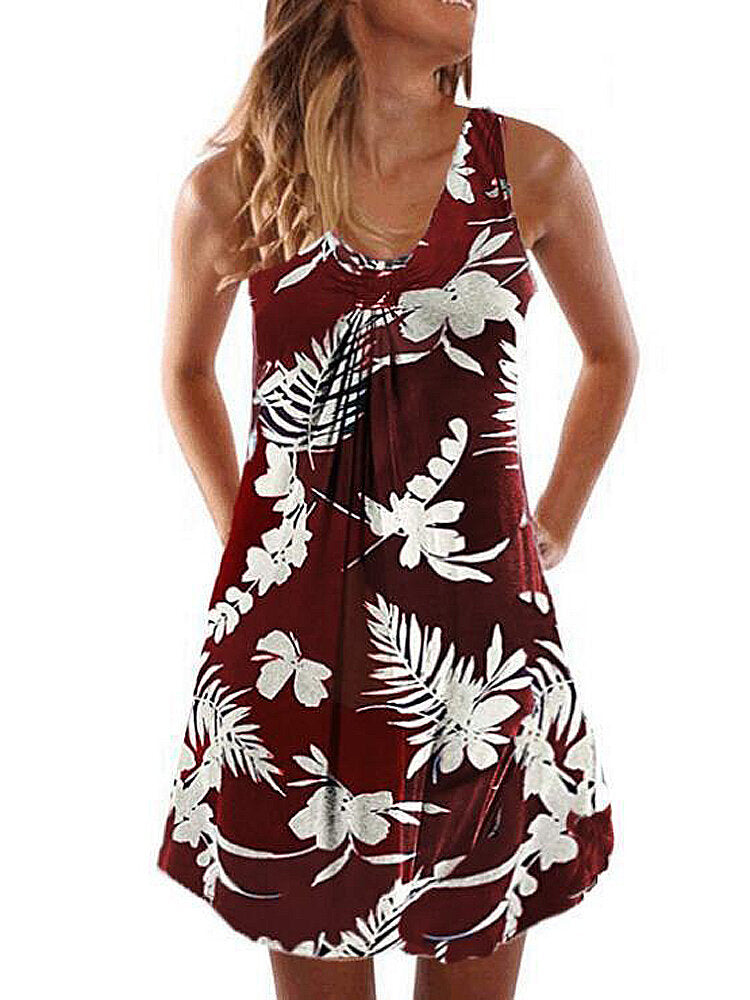 Solid Casual Sleeveless V-neck Knotted Tropical Plants Hawaii Style Holiday Mini Short Dress