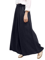 Solid Pocket Elastic Waist Wide Leg Casual Pants