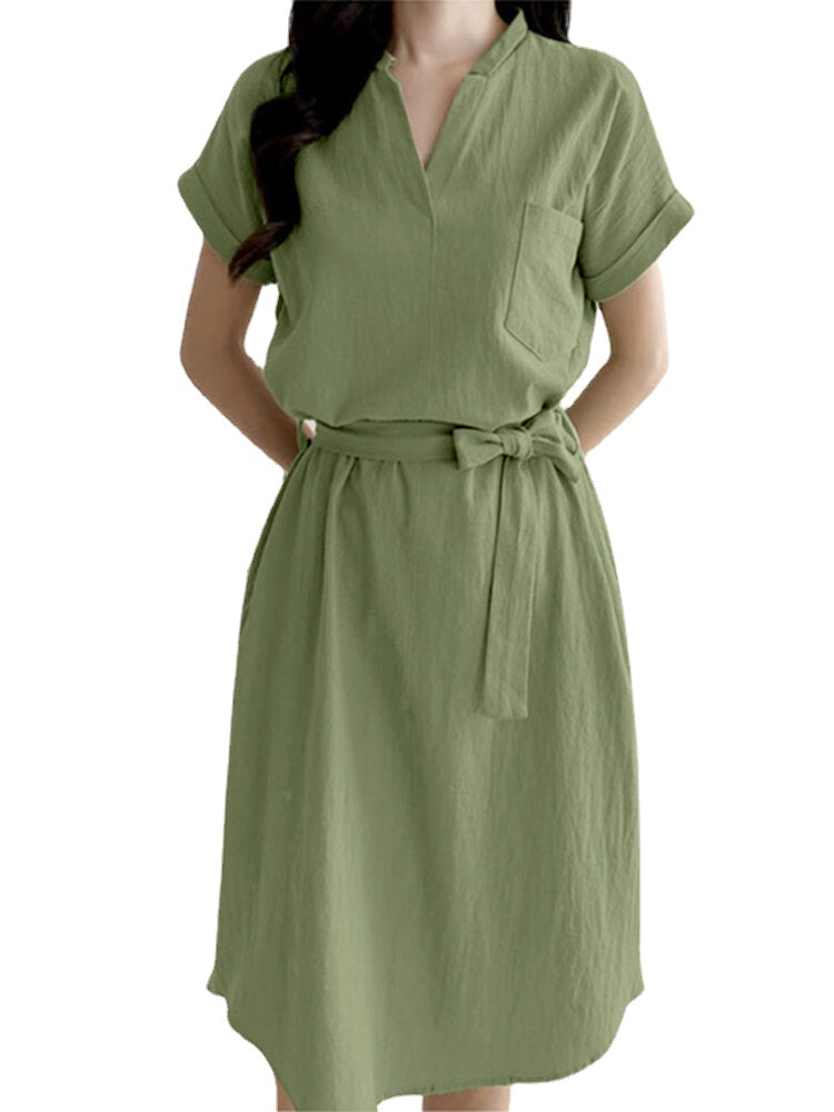 Solid Knotted Pocket Roll Sleeve Cotton Casual Midi Dress