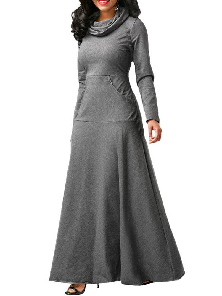 Casual Women Turtleneck Big Pocket Loose Hoodie Maxi Dress